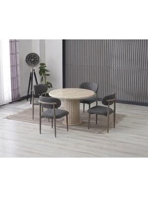 JoyMassa Lina Bohem 90X90 Traverten Yuvarlak Masa & 4 Polo Sandalye Seti