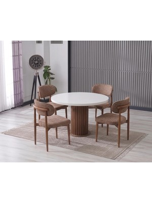 JoyMassa Lina Bohem 90X90 Beyaz/ahşap Yuvarlak Masa & 4 Polo Sandalye Seti