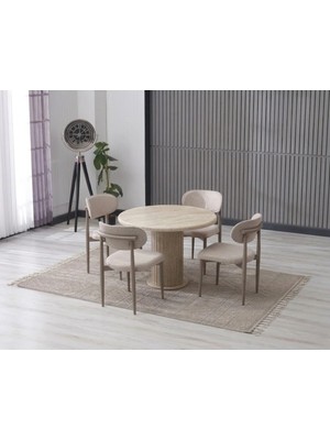 JoyMassa Lina Bohem 90X90 Traverten Yuvarlak Masa & 4 Polo Sandalye Seti