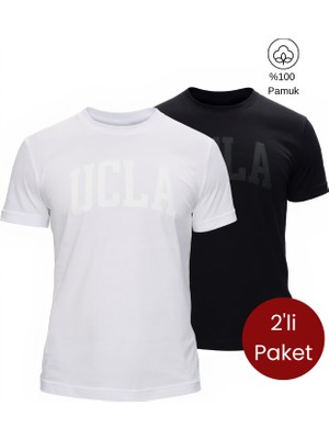 Ucla CULVER 2'Li Set Siyah & Beyaz Bisiklet Yaka Baskılı %100 Pamuk Standard Fit Erkek Tshirt