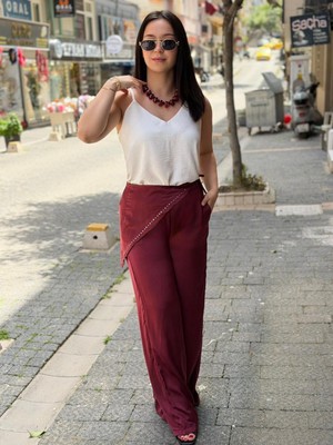 Mzr Taşlı Fular Detaylı Parlak Pantalon