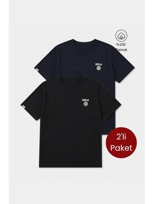 Ucla BASS 2'Li Set Lacivert & Siyah Bisiklet Yaka Baskılı %100 Pamuk Standard Fit Erkek Tshirt