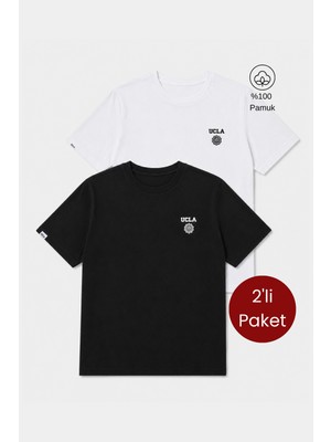 Ucla BASS 2'Li Set Beyaz & Siyah Bisiklet Yaka Baskılı %100 Pamuk Standard Fit Erkek Tshirt
