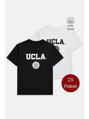 Ucla GAYLEY 2'Li Set Beyaz & Siyah Bisiklet Yaka Baskılı %100 Pamuk Standard Fit Erkek Tshirt