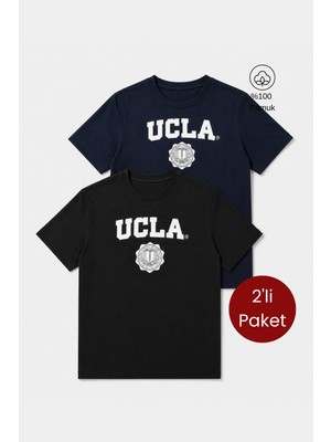 Ucla GAYLEY 2'Li Set Lacivert & Siyah Bisiklet Yaka Baskılı %100 Pamuk Standard Fit Erkek Tshirt