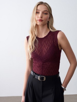 Dilvin 32492 Büzgülü Dantel Top-Bordo
