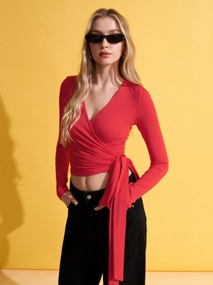 Dilvin 32645 Uzun Kollu Kruvaze Top-Kırmızı