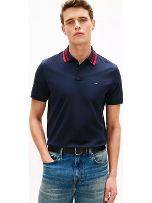 Tommy Hilfiger Erkek Normal Kesim Pamuklu Bayrak Logo Işlemeli Jakarlı Lacivert Polo Yaka T-Shirt MW0MW42775-DW5