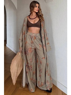 Nana & Mayka Moda Kadın Çiçek Desenli Gofre Kimono Takım – Yazlık Pantolonlu Alt Üst Şık Kombin