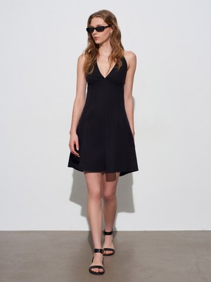 Dilvin 90568 Halter Yaka Denim Mini Elbise-Siyah