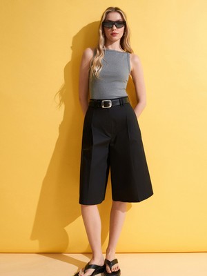 Dilvin 72705 %100 Pamuk Wide Leg Bermuda-Siyah