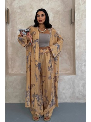Nana & Mayka Moda Kadın Çiçek Desenli Gofre Kimono Takım – Yazlık Pantolonlu Alt Üst Şık Kombin