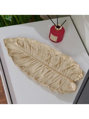 Matmel Deco Leaf Dekoratif Tabak - Beyaz / Gold - 37X16 cm