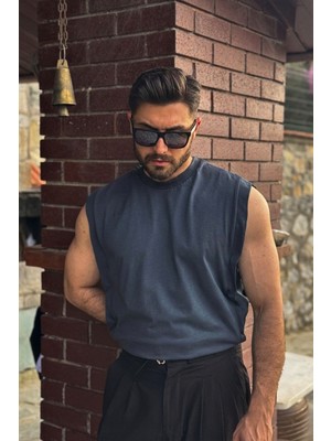 Guaraz Erkek Basketci Sıfır Kol Füme Bisiklet Yaka Oversıze %100 Pamuk Kolsuz Kejıl T-Shirt