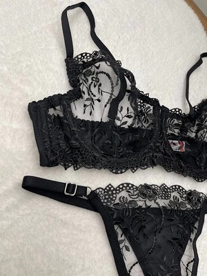 Ales Butik Transparan Dantelli Siyah Sütyen Takım