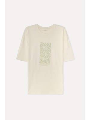 Mudo Erkek Taş Rengi Baskılı Oversize Bisiklet Yaka T-Shirt