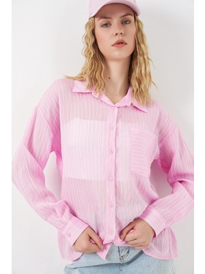 Bigdart Kadın Tek Cepli Çizgili Oversize Gömlek 20375 - Pembe