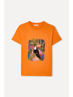 Mudo Kadın Turuncu Baskılı Bisiklet Yaka T-Shirt