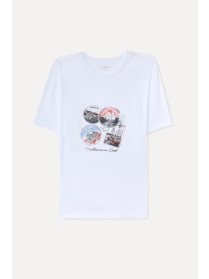 Mudo Erkek Beyaz Baskılı Bisiklet Yaka T-Shirt