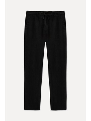 Mudo Erkek Siyah Straight Fit Keten Pantolon