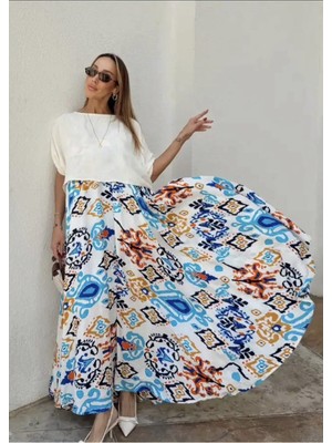 Qimya Butik Buketli Kadın Dokuma Viskon Üstü Kısa Kol Bluzlü Ip Askılı Desenli Bol Uzun Elbise