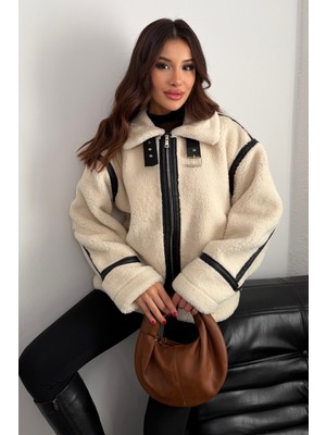 Moda Armanc Kadın Deri Detaylı Oversize Peluş Mont - Premium Tasarım Biker Teddy Kaban Ceket