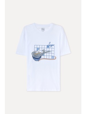 Mudo Erkek Beyaz Baskılı Oversize Bisiklet Yaka T-Shirt