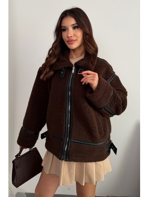 Moda Armanc Kadın Deri Detaylı Oversize Peluş Mont - Premium Tasarım Biker Teddy Kaban Ceket
