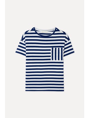 Mudo Kadın Lacivert Çizgili Açık Yaka T-Shirt