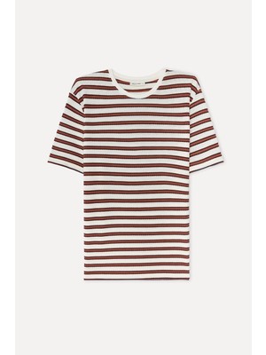 Mudo Erkek Kırık Beyaz Çizgili Loose Fit Bisiklet Yaka T-Shirt