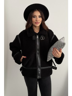 Moda Armanc Kadın Deri Detaylı Oversize Peluş Mont - Premium Tasarım Biker Teddy Kaban Ceket