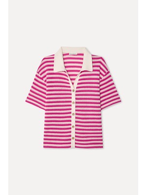 Mudo Kadın Pembe Çizgili Loose Fit Kısa Kollu Gömlek