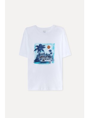 Mudo Erkek Beyaz Baskılı Oversize Bisiklet Yaka T-Shirt