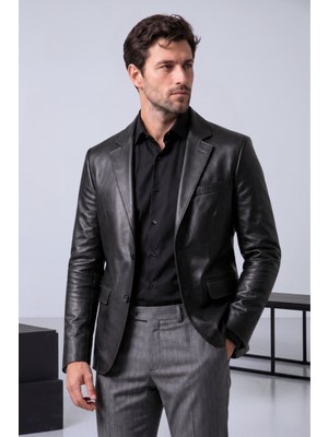Derije Diego Hakiki Kuzu Deri Erkek Siyah Blazer Ceket