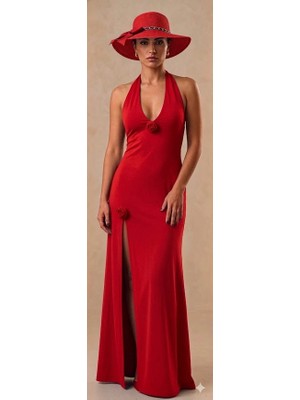 Ales Butik Alesbutik Kırmızı Gül Detaylı Uzun Yırtmaçlı Elbise
