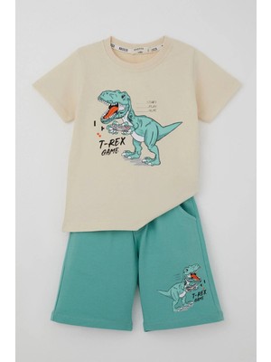 Breeze Erkek Çocuk Şortlu Takım Oyun Tutkunu Dinozor Baskılı 2-6 Yaş, Krem