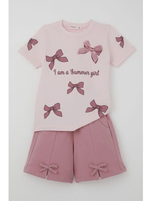 Breeze Kız Çocuk Şortlu Takım Fiyonk Desenli Şortu Fiyonk Aksesuarlı 1.5-5 Yaş, Pembe