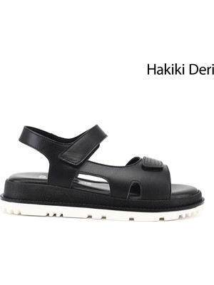 Gönderi(r) Kadın Siyah  Cırt Bantlı Hakiki Deri Sandalet