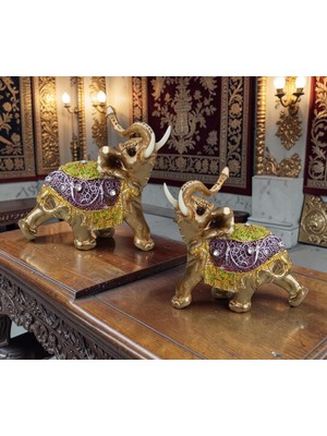 Elifeshop Yaldız Işlemeli Feng Shui Bereket Sembolü 2'li Fil Heykeli Dekoratif Biblo Ev Ofis Masa Süsü 10 Cm.