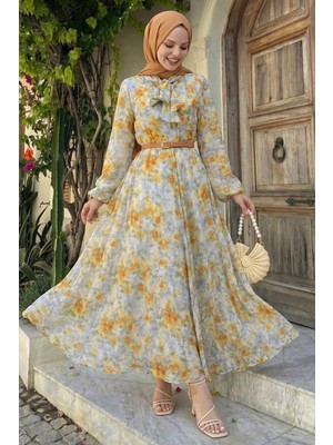 inStyle Soft Desen Yakası Kuşaklı Turuncu Elbise