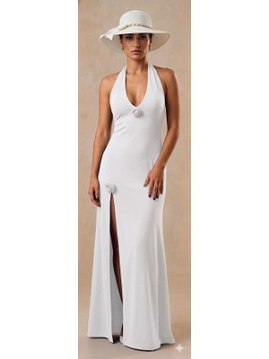 Ales Butik Alesbutik Beyaz Gül Detaylı Uzun Yırtmaçlı Elbise