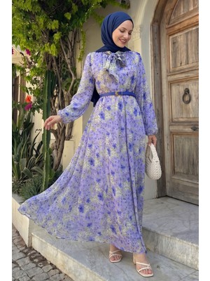 inStyle Soft Desen Yakası Kuşaklı Lila Elbise