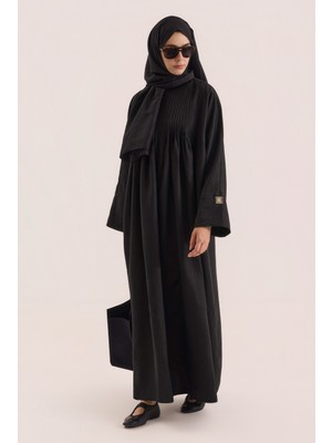 HE-QA Nervür Detaylı Keten Abaya Siyah