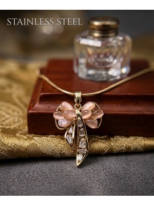 Stainless Steel Gold Renk Pembe Taşlı Kılıç Motifli Paslanmaz Çelik Kolye