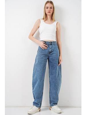 Bigdart 6689 Kadın Yüksek Bel Baggy Kot Pantolon - Mavi