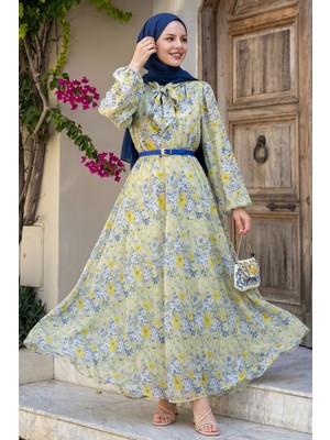 inStyle Soft Desen Yakası Kuşaklı Yeşil Elbise