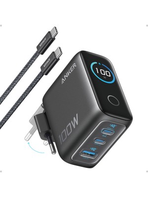 Anker 100W Şarj Cihazı, Kompakt, 3 Bağlantı Noktalı, Gan Usb-C, Akıllı Ekran ve Dokunmatik Kontrol, Siyah - B121B