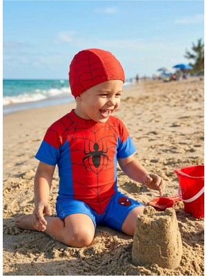 The Cloudish Shop Erkek Çocuk Kısa Kollu Tek Parça Mayo - Bone Set / Upf 50 Güneş Korumalı Spider Örümcek Adam Baskılı