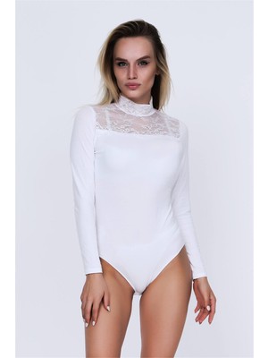 Obje Kadın Beyaz Yakası Dantel Detay Uzun Kol Çıtçıtlı Body