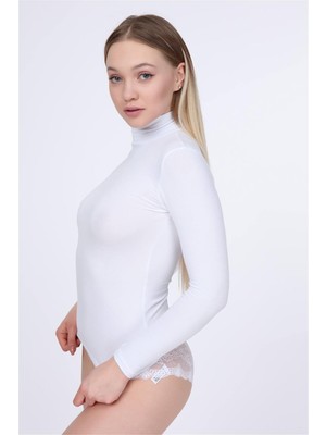 Obje Kadın Beyaz Penye Modal Balıkçı Yaka Body
